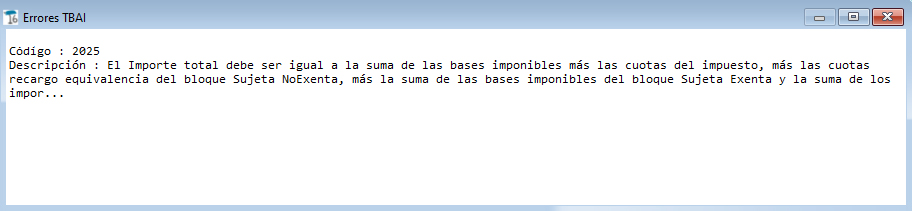 Aviso de error de envío TicketBAI con código 2025.