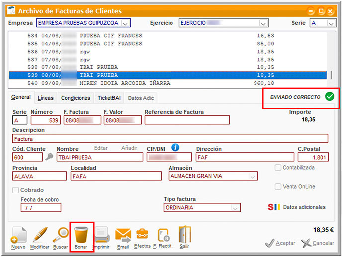 Elminar una factura con envío correcto de TicketBAI desde ClassicGes.