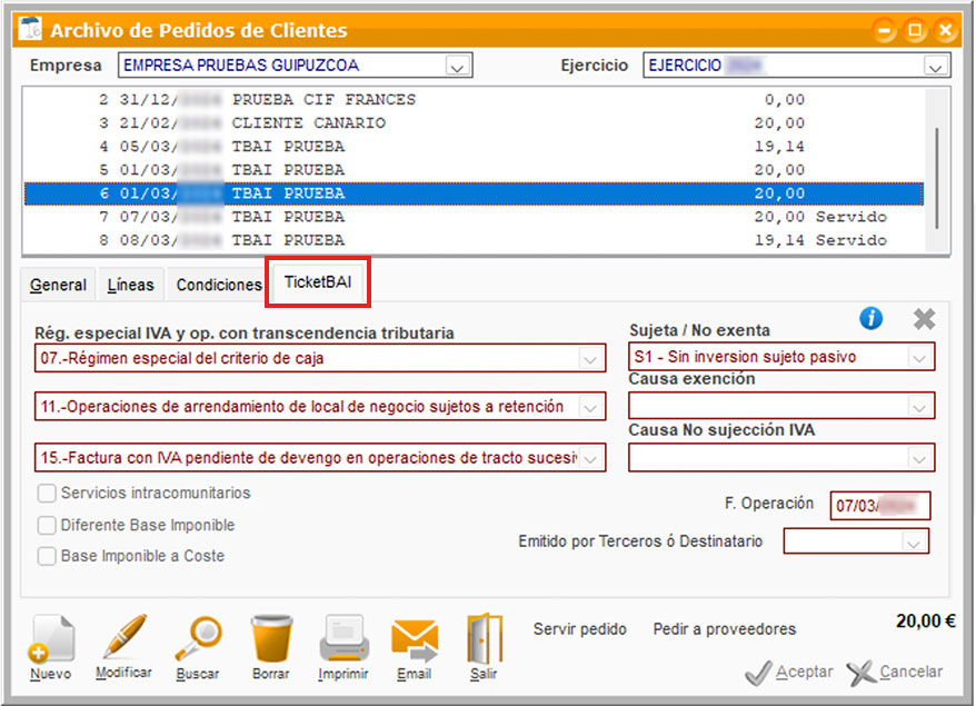 Apartado TicketBAI en el archivo de pedidos de ClassicGes.