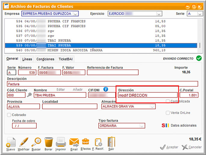 Modificar dirección de una factura con en ClassicGes.
