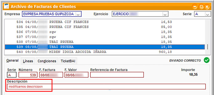 Modificar descripción de una factura con TicketBAI en ClassicGes.