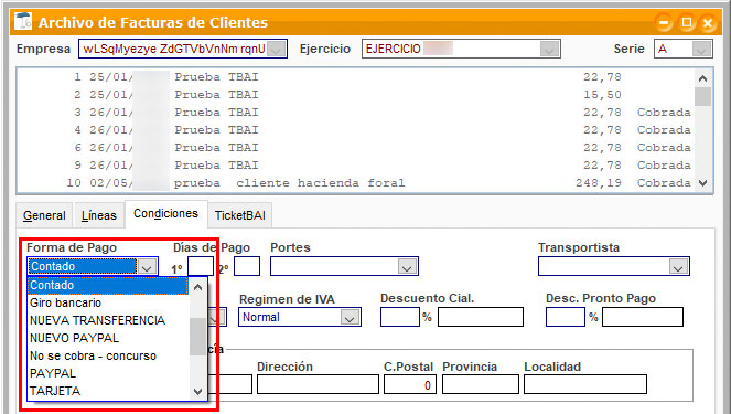 Seleccionar forma de pago de una factura con TicketBAI en ClassicGes.
