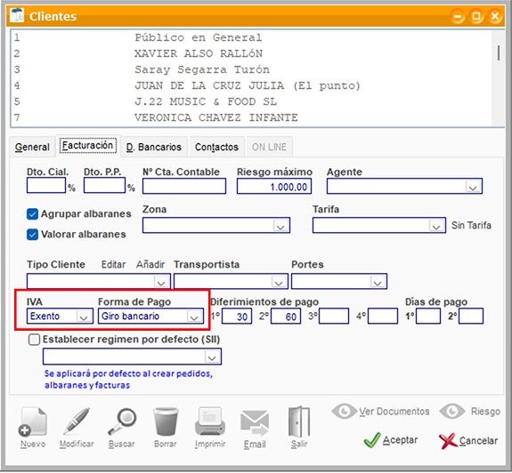 Seleccionar IVA y forma de pago de un cliente en ClassicGes.
