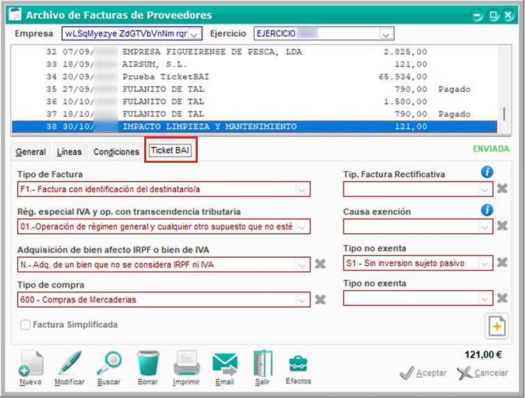 Apartado TicketBAI de archivo de facturas de proveedores de ClassicGes.