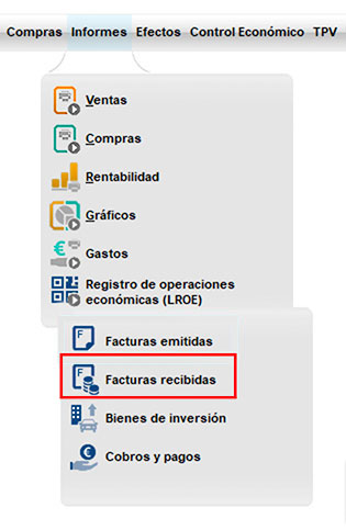Menú facturas recibidas para el LROE en el apartado Informes de ClassicGes.