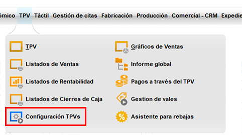 Menú configuración de TPVs de ClassicGes.
