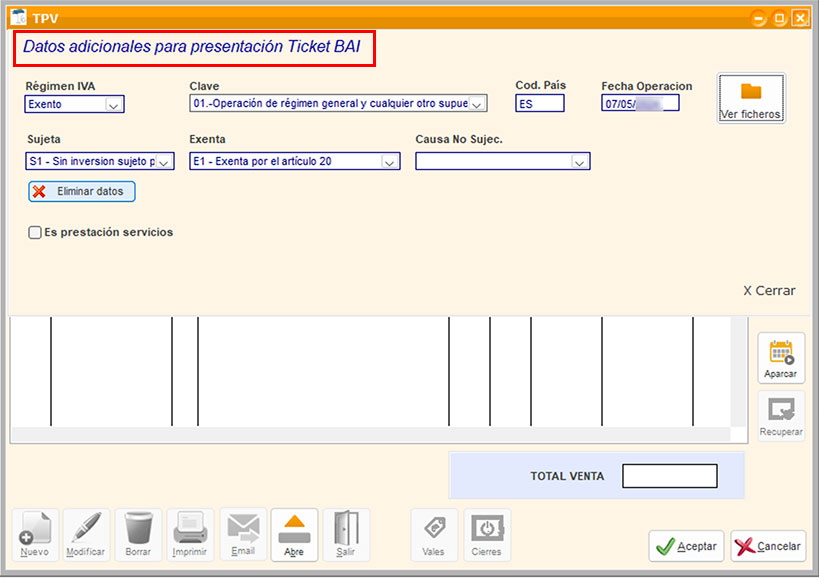 Datos adicionales de TicketBAI en el TPV Público general exento de ClassicGes.
