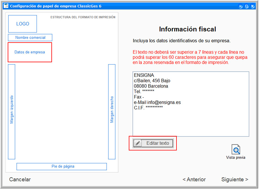 Incluir información fiscal en el papel de empresa en ClassicGes.