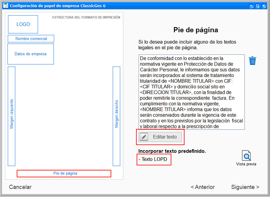 Incluir un texto predefinido de LOPD en el papel de empresa en ClassicGes.