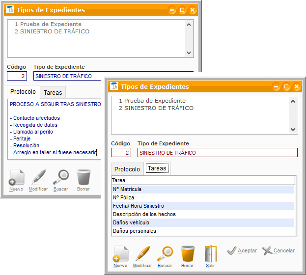 Protocolos y tareas de un expediente en ClassicGes.