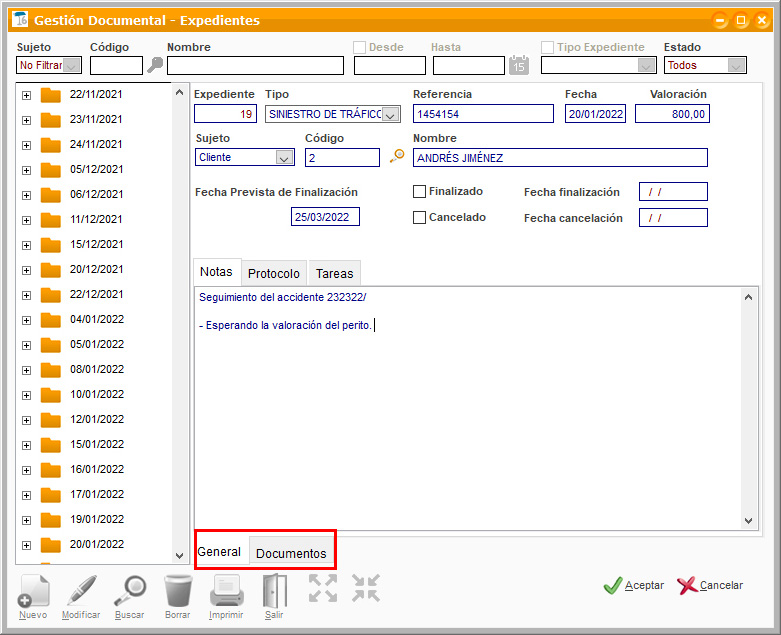 Documentos guardados en el archivo de expedientes de ClassicGes.