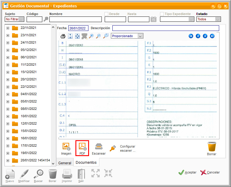 Documento PDF vinculado a un expediente en ClassicGes.