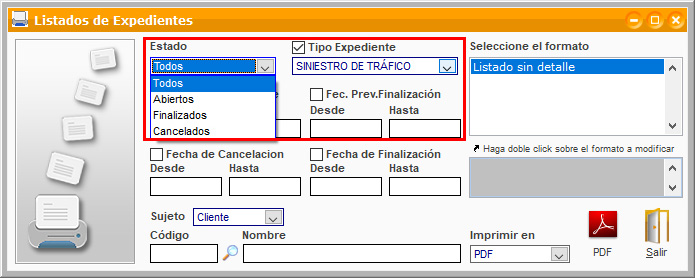 Filtro por estado y tipo de expediente para generar un listado de expedientes en ClassicGes.