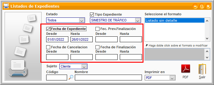 Filtro por fechas para generar un listado de expedientes en ClassicGes.