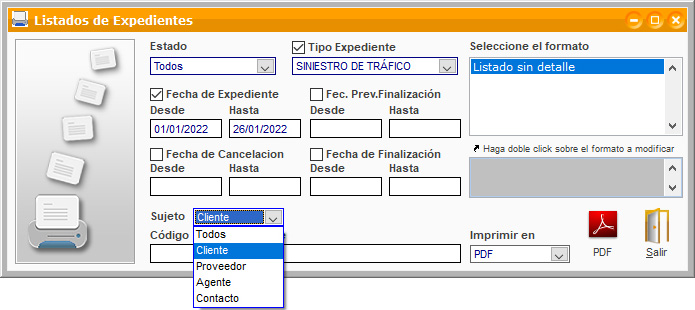 Filtro por tipo de sujeto para generar un listado de expedientes en ClassicGes.