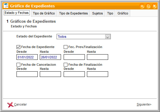 Filtro por estado y fechas de expediente para generar un gráfico de expedientes en ClassicGes.