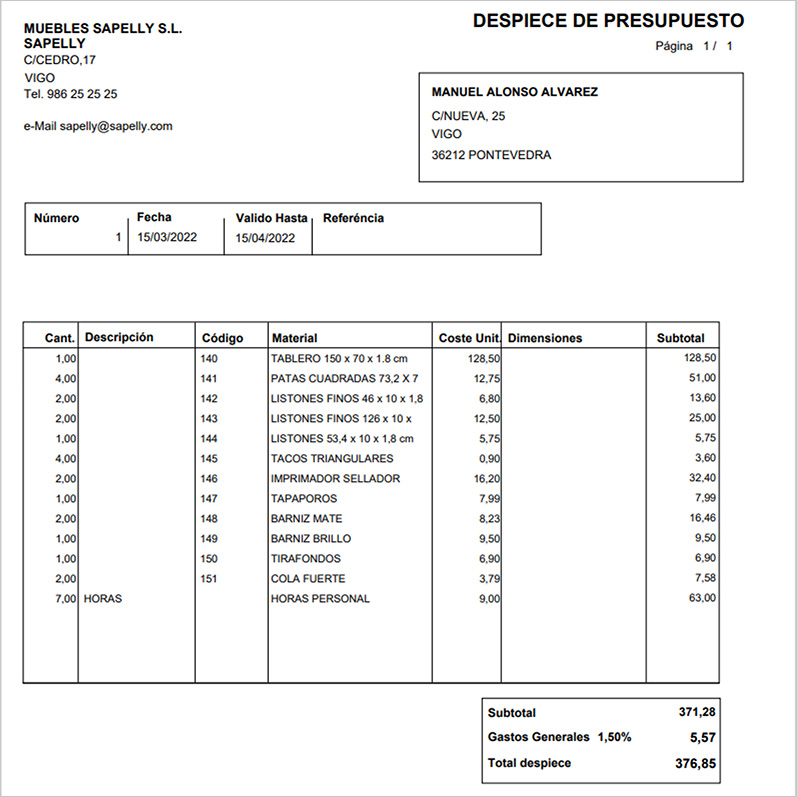 Documento de un despiece de presupuesto generado por ClassicGes.