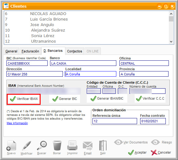 Verificar IBAN de clientes en ClassicGes.
