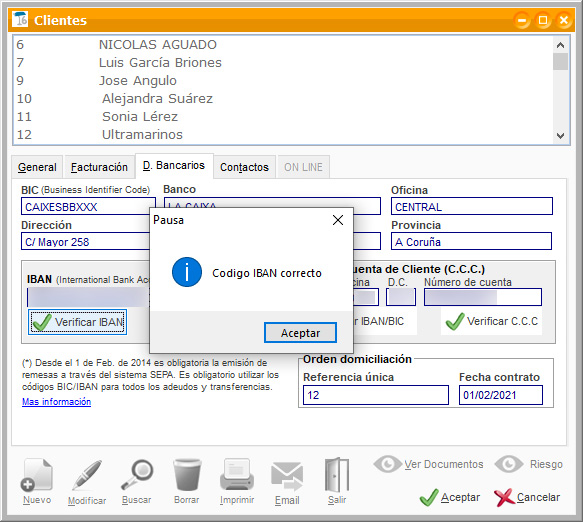 Código IBAN de cliente correcto en ClassicGes.