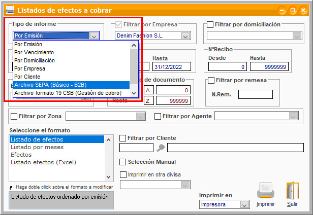 Filtrar por tipo de informe al generar el listado de efectos a cobrar en ClassicGes.