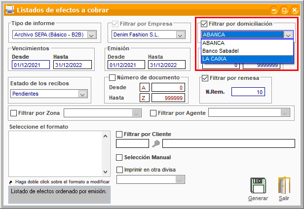 Filtrar por domiciliación al generar el listado de efectos a cobrar en ClassicGes.