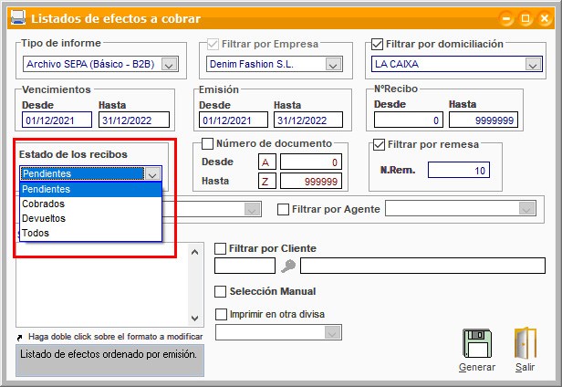 Filtrar por estado de los recibos al generar el listado de efectos a cobrar en ClassicGes.