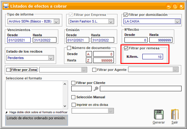 Filtrar por remesa al generar el listado de efectos a cobrar en ClassicGes.