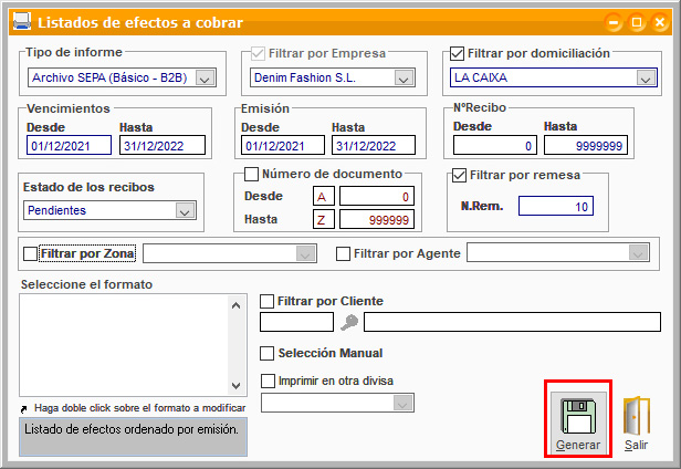 Generar un listado de efectos a cobrar en ClassicGes.