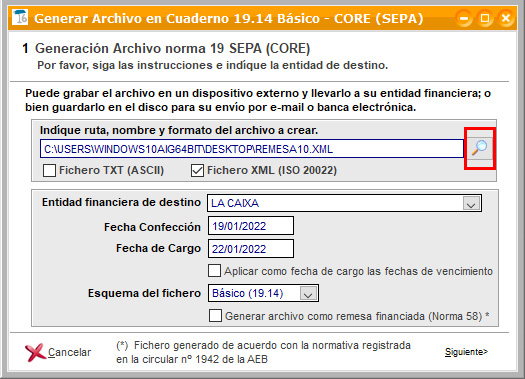Indicar la ruta para generar el archivo Cuaderno norma 19 SEPA en ClassicGes.