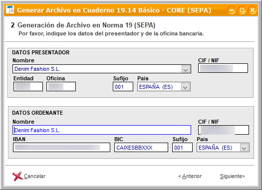 Datos del presentador y del ordenante para generar el archivo Cuaderno norma 19 SEPA en ClassicGes.