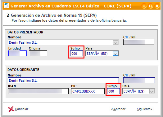 Sufijos del presentador y del ordenante para el Cuaderno norma 19 SEPA en ClassicGes.