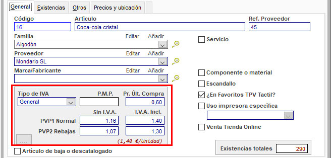 Tipo de IVA y PVPs con y sin IVA de un artículo en ClassicGes.