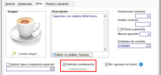Activar la combinación de un artículo en ClassicGes
