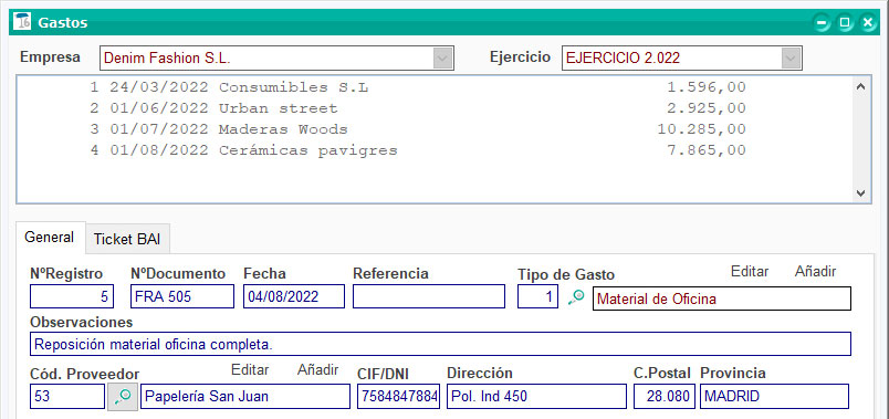 Archivo de gastos en ClassicGes.