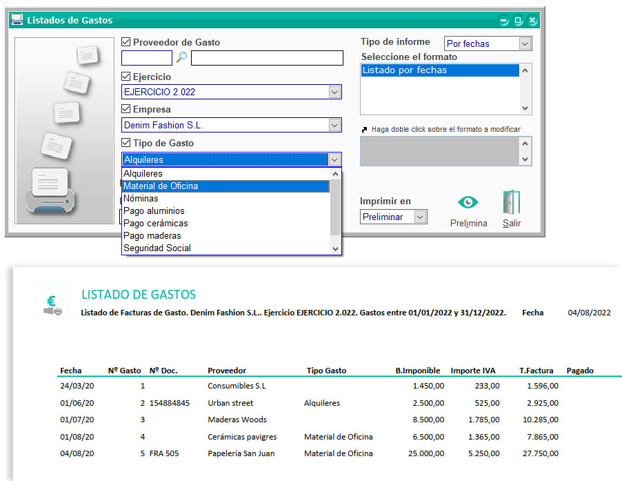 Listado de gastos filtrado por tipo de gasto en ClassicGes.