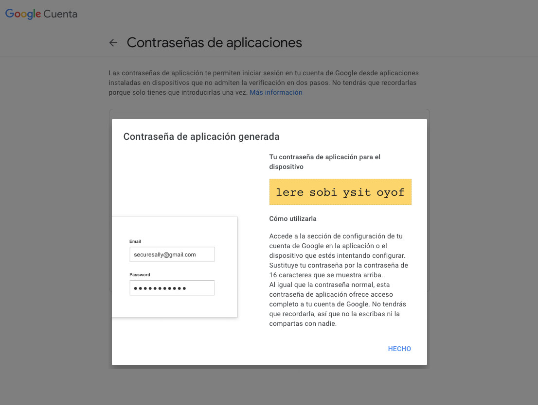 La contraseña de la aplicación ha sido generada.