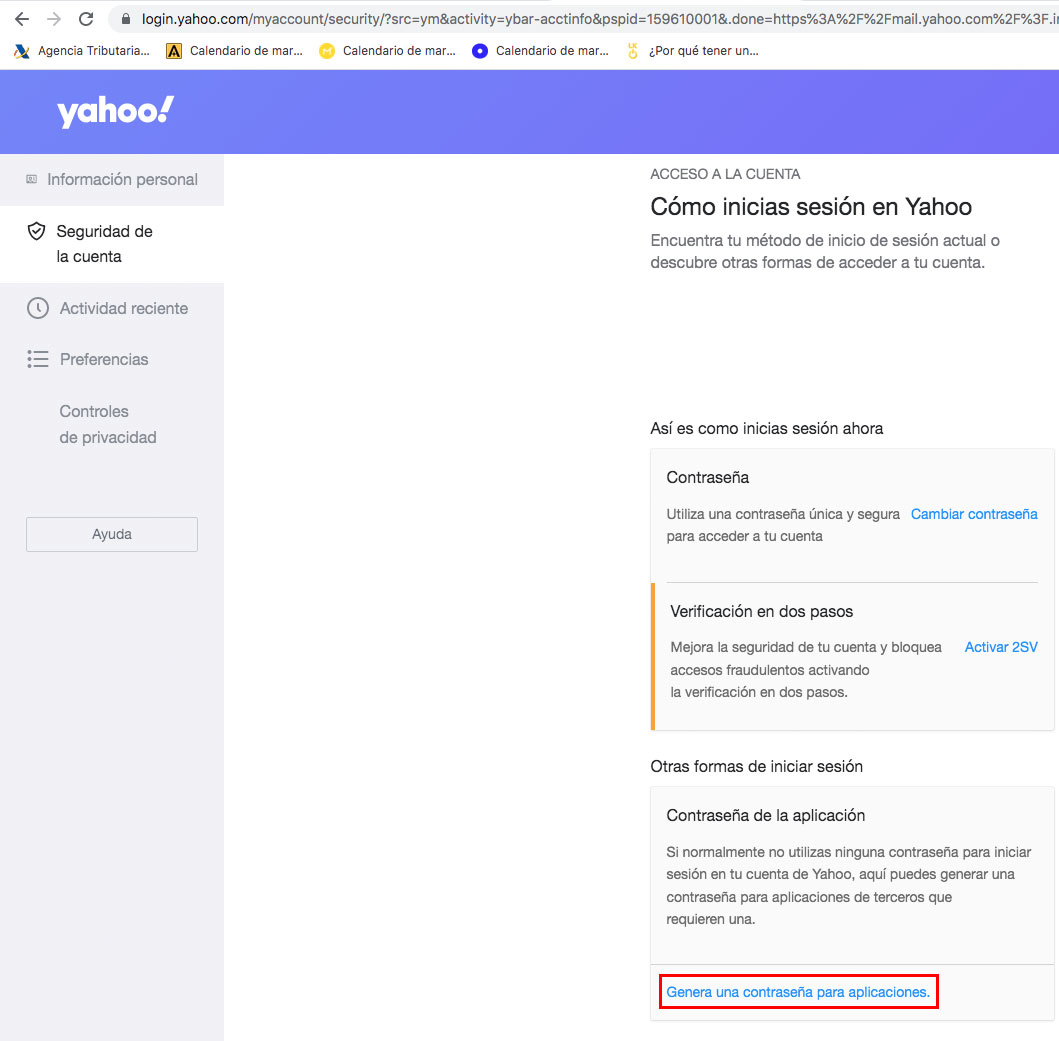 Generar una contraseña para aplicaciones en una cuenta de Yahoo.