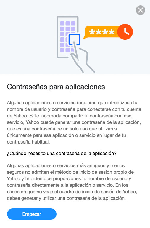 Información sobre la contraseña para aplicaciones de una cuenta de Yahoo.