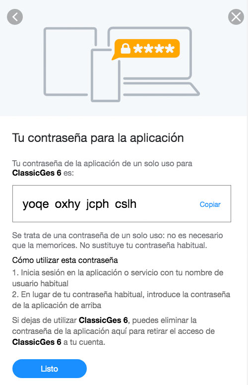 Contraseña para una aplicación generada desde una cuenta de Yahoo.