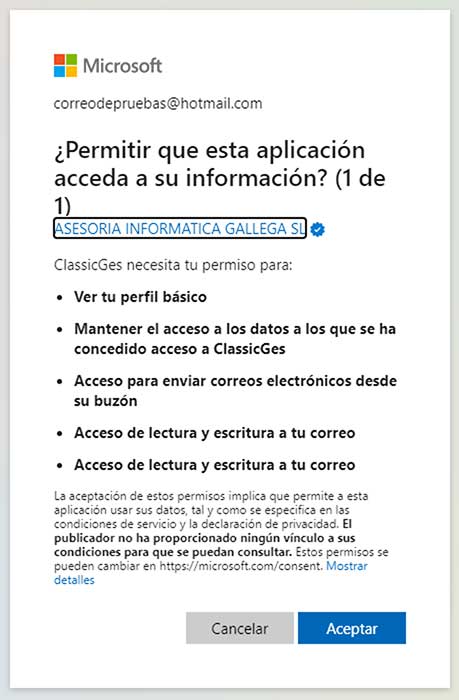 Ventana ¿Permitir que esta aplicación acceda a su información? en Microsoft.