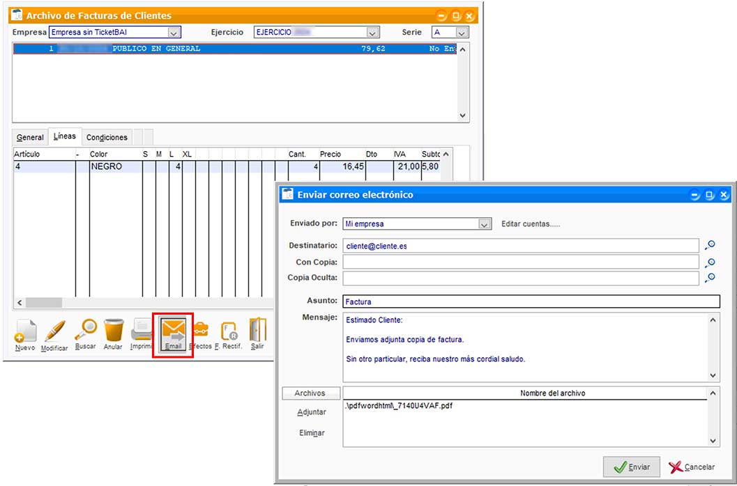 Ventana Archivo de Fcaturas de Clientes y ventana Enviar correo electrónico