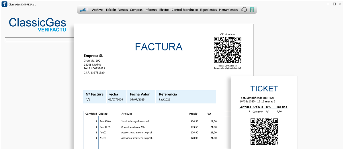 Ventana del software de gestión ClassicGes Verifactu con ejemplo de factura y ticket con QR verificable por la AEAT.