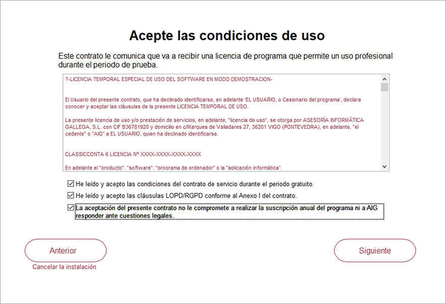 Ventana aceptar condiciones de uso de ClassicConta