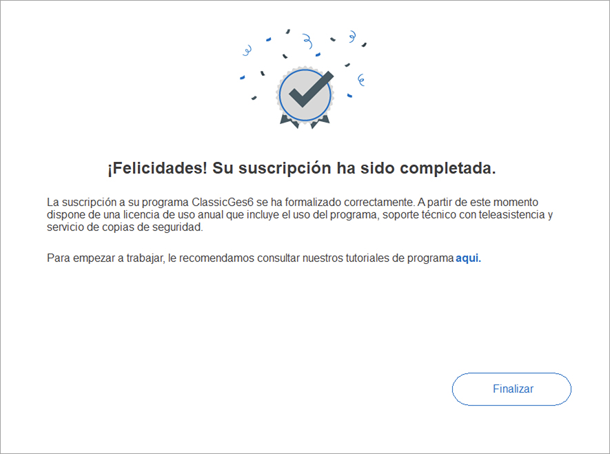 Ventana suscripción completada de ClassicGes